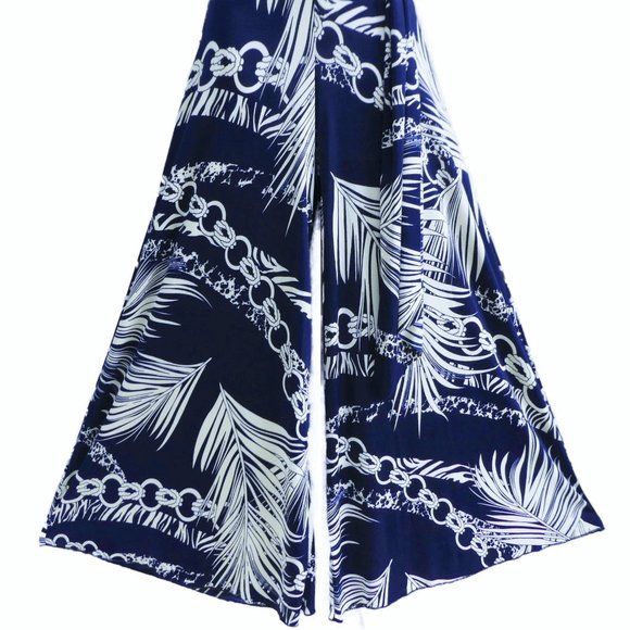 Resort Wear Navy Palazzo Pants NEW High Waist Ruched Tie Buckle Flare White L - Picture 6 of 11